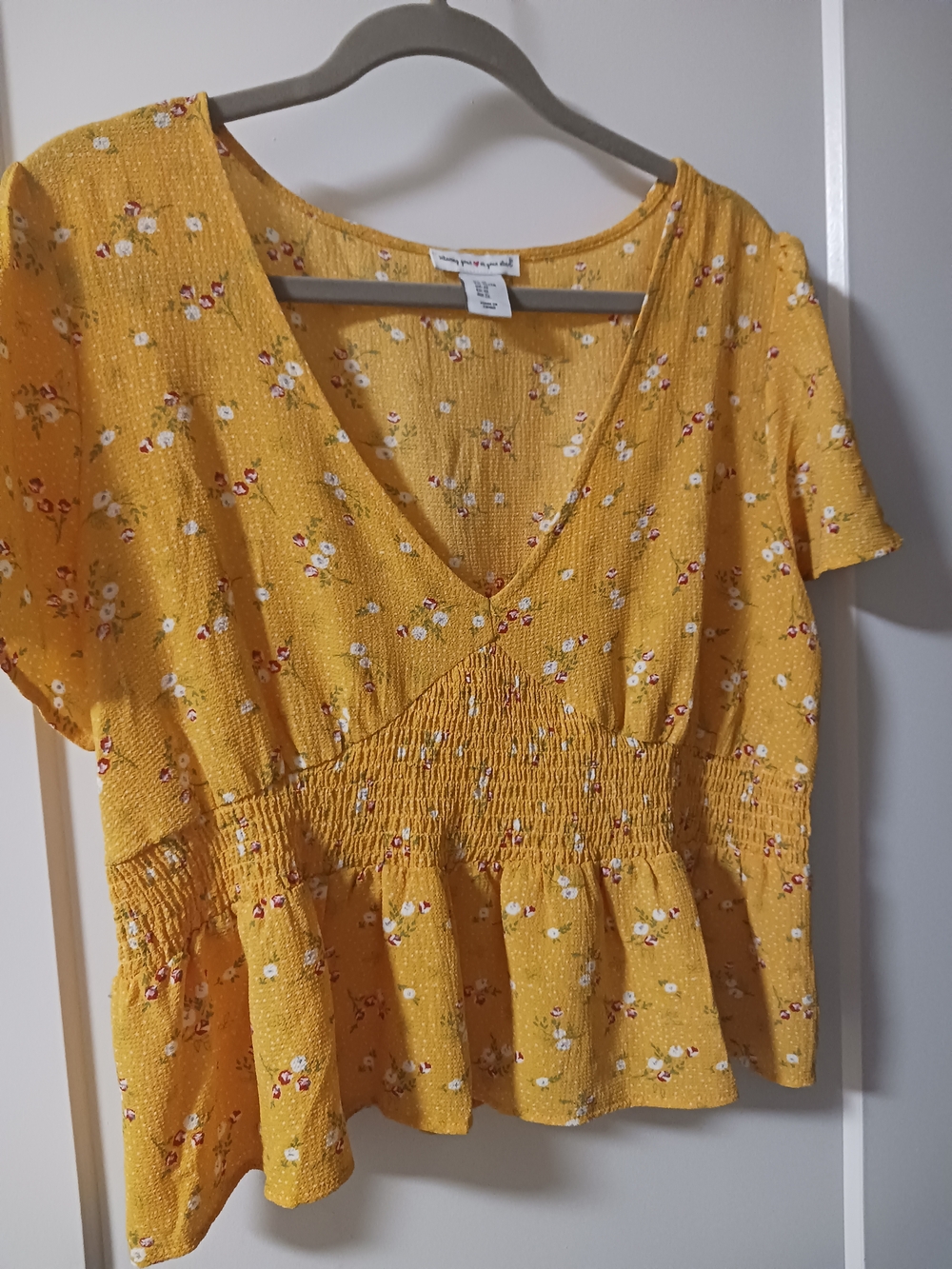 Floral Smocked Peplum V-Neck Blouse in Mustard